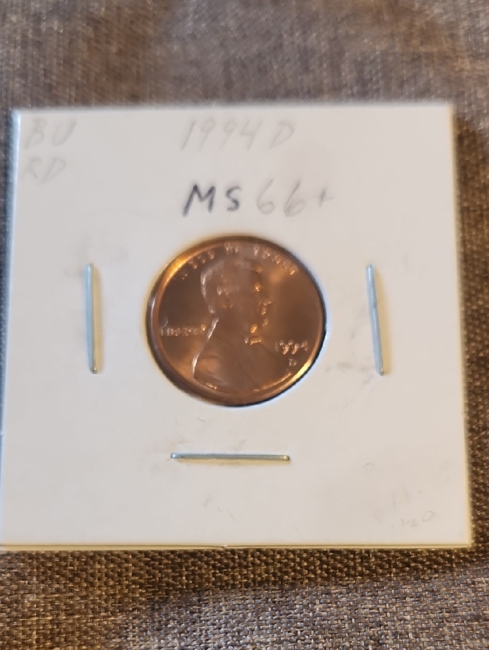 1994 D Lincoln Cent Penny in Card Holder - Copper Tone